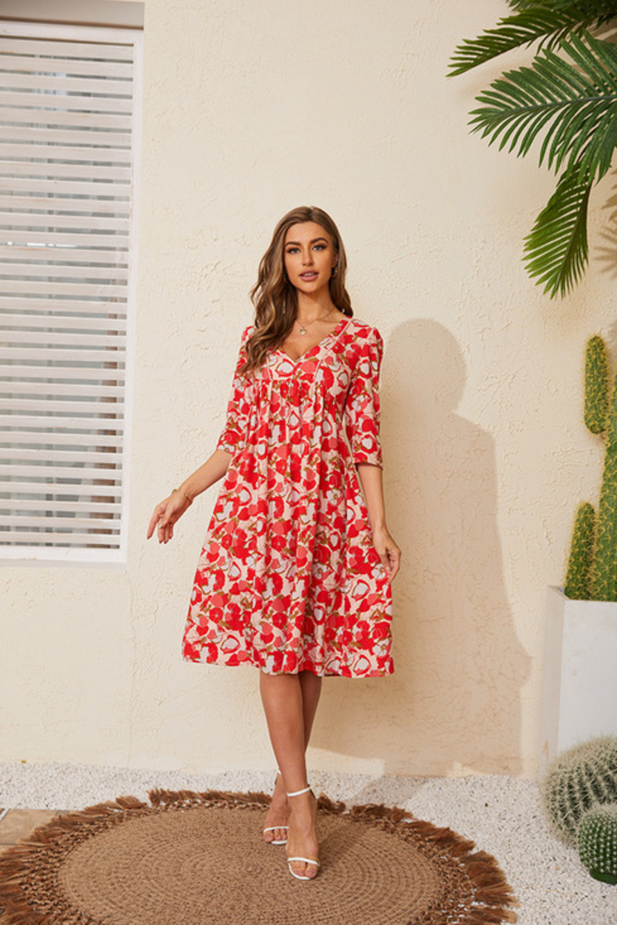 Women's Red Floral V-Neck Three-Quarter-Sleeve Midi Dress